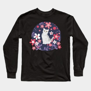 American Shorthair Cat and Flowers - Purple Long Sleeve T-Shirt